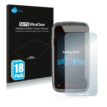 Face avant d’un emballage produit avec le logo de la marque Savvies. À côté, l’appareil Honeywell Dolphin CT60 XP est représen