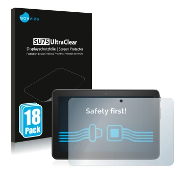 Face avant d’un emballage produit avec le logo de la marque Savvies. À côté, l’appareil Amazon Fire 7 2022 est représenté avec