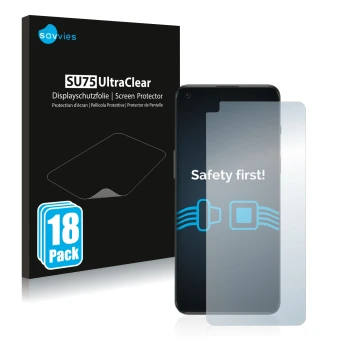 Face avant d’un emballage produit avec le logo de la marque Savvies. À côté, l’appareil OnePlus Nord 2T 5G est représenté avec