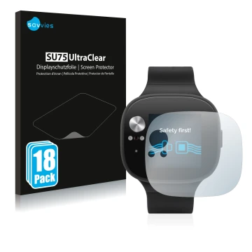 Face avant d’un emballage produit avec le logo de la marque Savvies. À côté, l’appareil ASUS Vivowatch BP est représenté avec 