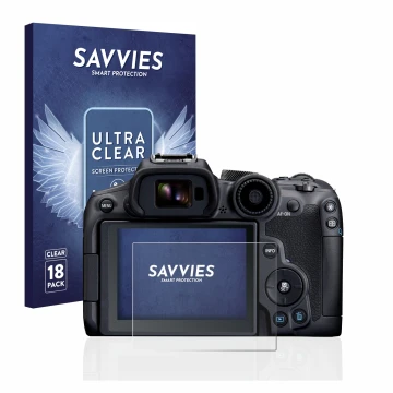 Face avant d’un emballage produit avec le logo de la marque Savvies. À côté, l’appareil Canon EOS R7 est représenté avec la pr