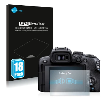 Face avant d’un emballage produit avec le logo de la marque Savvies. À côté, l’appareil Canon EOS R10 est représenté avec la p