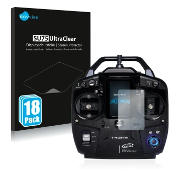 Face avant d’un emballage produit avec le logo de la marque Savvies. À côté, l’appareil Futaba T4GRS est représenté avec la pr