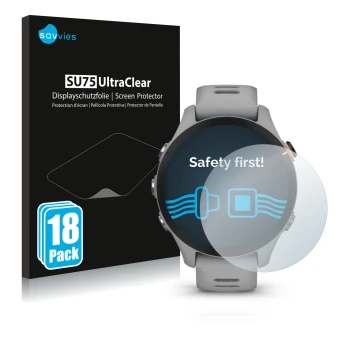 Face avant d’un emballage produit avec le logo de la marque Savvies. À côté, l’appareil Garmin Forerunner 255S est représenté 