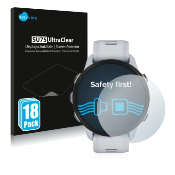 Face avant d’un emballage produit avec le logo de la marque Savvies. À côté, l’appareil Garmin Forerunner 955 Solar est représ