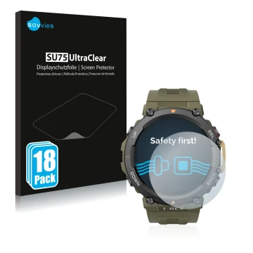 Face avant d’un emballage produit avec le logo de la marque Savvies. À côté, l’appareil Huami Amazfit T-Rex 2 est représenté a