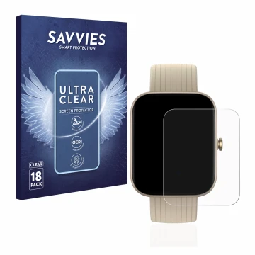 Face avant d’un emballage produit avec le logo de la marque Savvies. À côté, l’appareil Huami Amazfit Bip 3 Pro est représenté