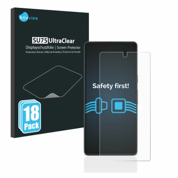 Face avant d’un emballage produit avec le logo de la marque Savvies. À côté, l’appareil Google Pixel 7 est représenté avec la 