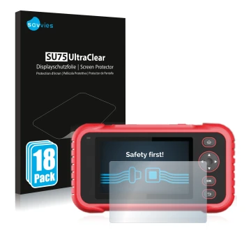 Face avant d’un emballage produit avec le logo de la marque Savvies. À côté, l’appareil Launch CRP 123 / 129 EVO est représent