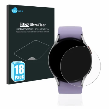 Face avant d’un emballage produit avec le logo de la marque Savvies. À côté, l’appareil Samsung Galaxy Watch 5 (40mm) est repr