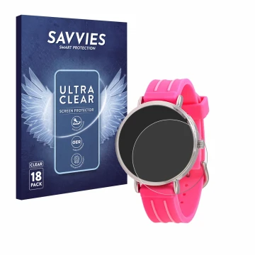 Face avant d’un emballage produit avec le logo de la marque Savvies. À côté, l’appareil Kiddus Children's Learning Watch est r