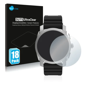 Face avant d’un emballage produit avec le logo de la marque Savvies. À côté, l’appareil Fossil Gen 6 Hybrid Machine (45mm) est