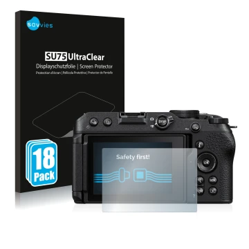 Face avant d’un emballage produit avec le logo de la marque Savvies. À côté, l’appareil Nikon Z 30 est représenté avec la prot