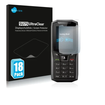 Face avant d’un emballage produit avec le logo de la marque Savvies. À côté, l’appareil Crosscall Core-S4 est représenté avec 