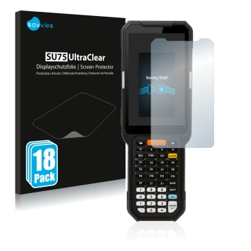 Face avant d’un emballage produit avec le logo de la marque Savvies. À côté, l’appareil Point Mobile PM451 est représenté avec