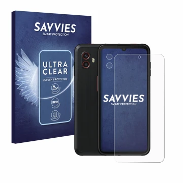 Face avant d’un emballage produit avec le logo de la marque Savvies. À côté, l’appareil Samsung Galaxy Xcover 6 Pro (Avant+Cam