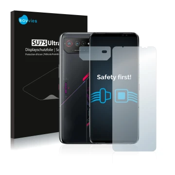 Face avant d’un emballage produit avec le logo de la marque Savvies. À côté, l’appareil ASUS ROG Phone 6 (Avant+Caméra) est re