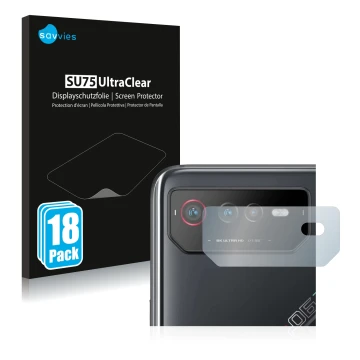 Face avant d’un emballage produit avec le logo de la marque Savvies. À côté, l’appareil ASUS ROG Phone 6 (Caméra UNIQUEMENT) e