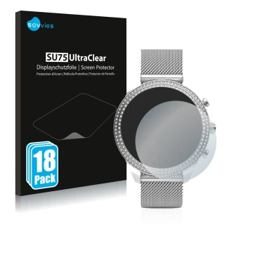 Face avant d’un emballage produit avec le logo de la marque Savvies. À côté, l’appareil Fossil Stella (6. Gen) est représenté 