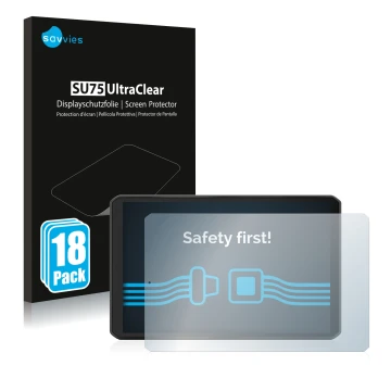 Face avant d’un emballage produit avec le logo de la marque Savvies. À côté, l’appareil Garmin dezl LGV810 est représenté avec