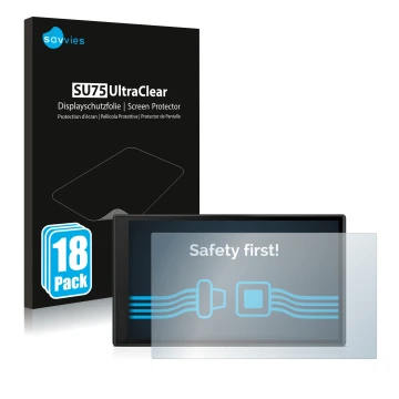 Face avant d’un emballage produit avec le logo de la marque Savvies. À côté, l’appareil Garmin DriveSmart 66 est représenté av