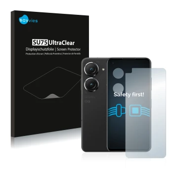Face avant d’un emballage produit avec le logo de la marque Savvies. À côté, l’appareil ASUS ZenFone 9 (Avant+Caméra) est repr