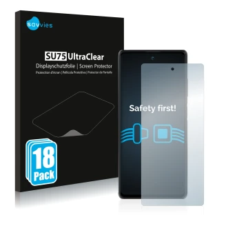 Face avant d’un emballage produit avec le logo de la marque Savvies. À côté, l’appareil Blackview A100 est représenté avec la 