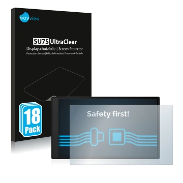 Face avant d’un emballage produit avec le logo de la marque Savvies. À côté, l’appareil Garmin DriveSmart 76 est représenté av