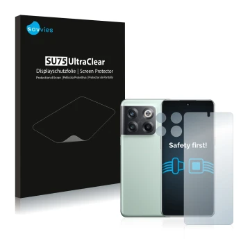 Face avant d’un emballage produit avec le logo de la marque Savvies. À côté, l’appareil OnePlus 10T 5G (Avant+Caméra) est repr