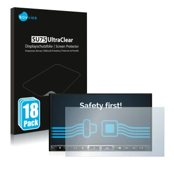 Face avant d’un emballage produit avec le logo de la marque Savvies. À côté, l’appareil Alpine iLX-705D est représenté avec la