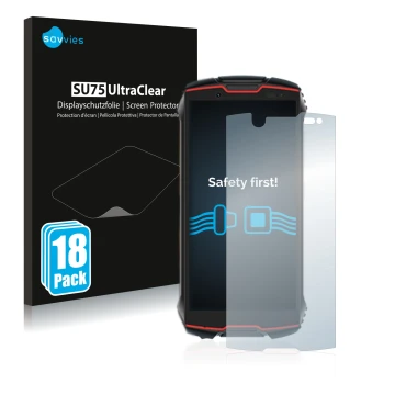Face avant d’un emballage produit avec le logo de la marque Savvies. À côté, l’appareil Cubot King Kong Mini 2 Pro est représe