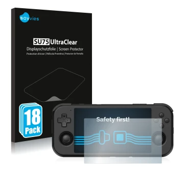 Face avant d’un emballage produit avec le logo de la marque Savvies. À côté, l’appareil Retroid Pocket 3 est représenté avec l