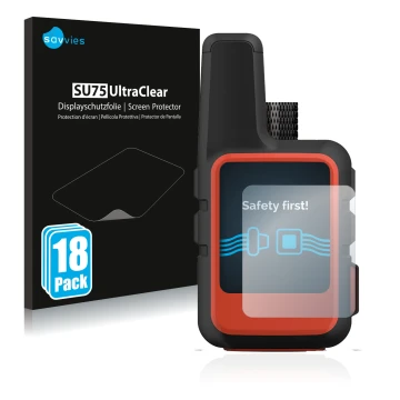 Face avant d’un emballage produit avec le logo de la marque Savvies. À côté, l’appareil Garmin inReach Mini 2 est représenté a