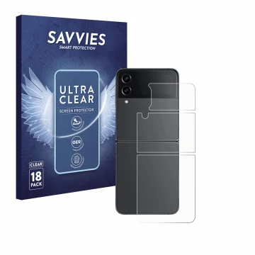 Face avant d’un emballage produit avec le logo de la marque Savvies. À côté, l’appareil Samsung Galaxy Z Flip 4 (Arrière) est 