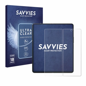Face avant d’un emballage produit avec le logo de la marque Savvies. À côté, l’appareil Samsung Galaxy Z Fold 4 (Affichage int