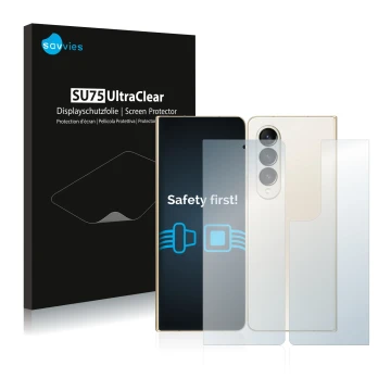 Face avant d’un emballage produit avec le logo de la marque Savvies. À côté, l’appareil Samsung Galaxy Z Fold 4 (Avant+Arrière