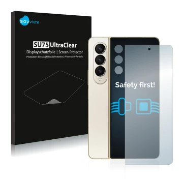 Face avant d’un emballage produit avec le logo de la marque Savvies. À côté, l’appareil Samsung Galaxy Z Fold 4 (Avant+Caméra)