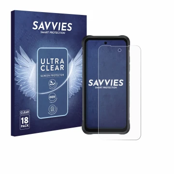 Face avant d’un emballage produit avec le logo de la marque Savvies. À côté, l’appareil Umidigi Bison 2 Pro est représenté ave