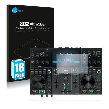 Face avant d’un emballage produit avec le logo de la marque Savvies. À côté, l’appareil Denon DJ Prime Go est représenté avec 