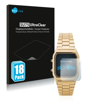Face avant d’un emballage produit avec le logo de la marque Savvies. À côté, l’appareil Casio AQ-230GA est représenté avec la 