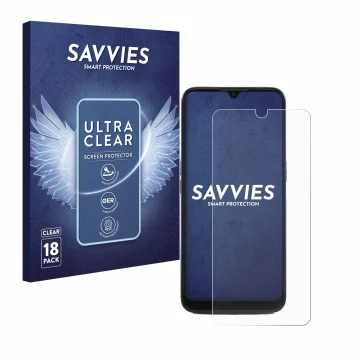 Face avant d’un emballage produit avec le logo de la marque Savvies. À côté, l’appareil Doro 8100 est représenté avec la prote
