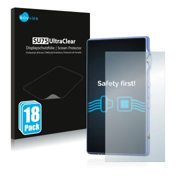 Face avant d’un emballage produit avec le logo de la marque Savvies. À côté, l’appareil iBasso DX170 est représenté avec la pr