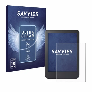 Face avant d’un emballage produit avec le logo de la marque Savvies. À côté, l’appareil Kobo Clara 2E est représenté avec la p