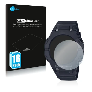 Face avant d’un emballage produit avec le logo de la marque Savvies. À côté, l’appareil Casio G-Shock GA-B001 est représenté a