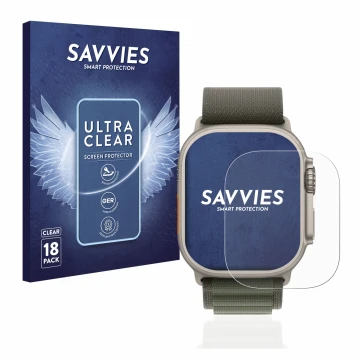 Face avant d’un emballage produit avec le logo de la marque Savvies. À côté, l’appareil Apple Watch Ultra (49 mm) est représen