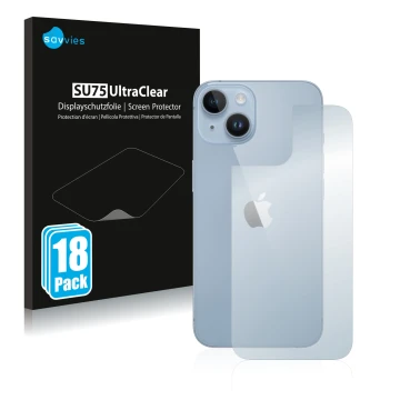 Face avant d’un emballage produit avec le logo de la marque Savvies. À côté, l’appareil Apple iPhone 14 (Arrière) est représen