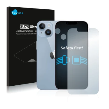 Face avant d’un emballage produit avec le logo de la marque Savvies. À côté, l’appareil Apple iPhone 14 (Avant+Caméra) est rep