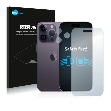 Face avant d’un emballage produit avec le logo de la marque Savvies. À côté, l’appareil Apple iPhone 14 Pro (Avant+Caméra) est