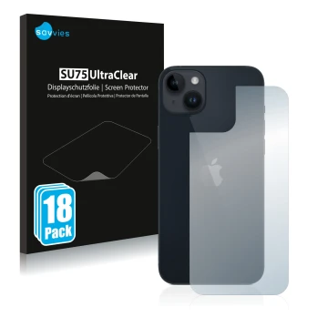 Face avant d’un emballage produit avec le logo de la marque Savvies. À côté, l’appareil Apple iPhone 14 Plus (Arrière) est rep