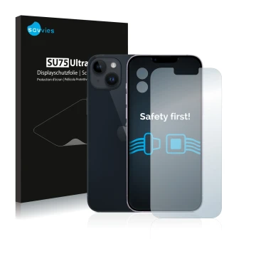 Face avant d’un emballage produit avec le logo de la marque Savvies. À côté, l’appareil Apple iPhone 14 Plus (Avant+Caméra) es
